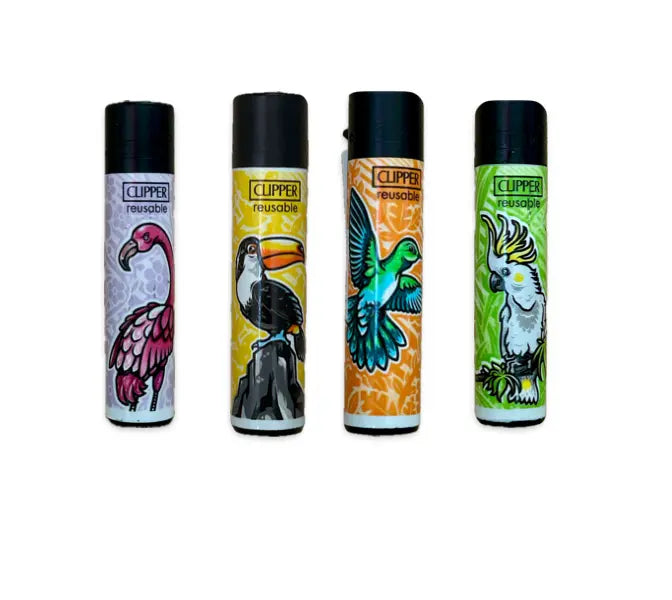 Bunte Clipper mit den Paradiesvögel der Feuerzeuge. 4 Clipper im paradiesischem Design