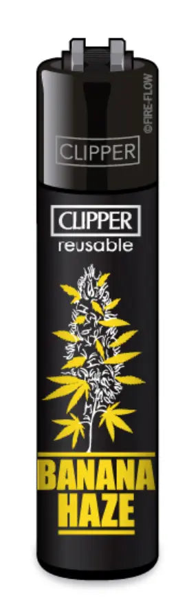 Clipper Large Feuerzeug mit Banana Haze. Gelbe Aufschrift auf schwarzen Design