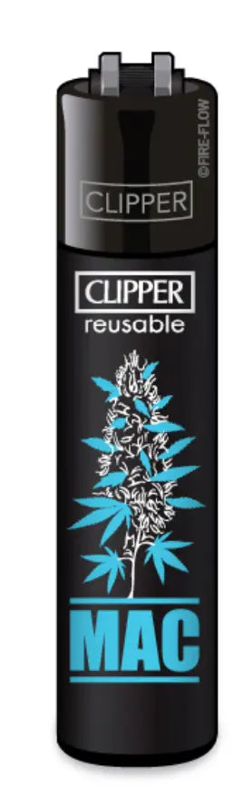 Solo Clipper Feuerzeug mit Aufschrift in Blau ,,MAC''. Schwarzes Clipper mit Weed Pflanze. Original Clipper bei GreenBotanic