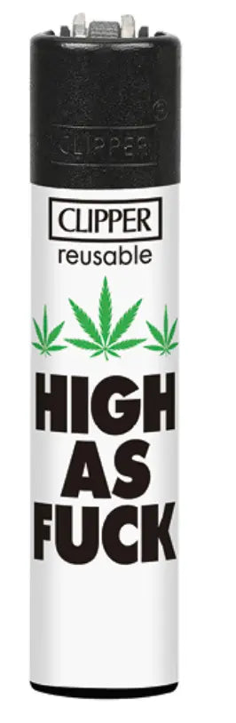 Weißer Clipper Einzeln mit Aufschrift ,,High as Fuck``. Modische Clipper für Raucher und Sammler bei Green Botanic 