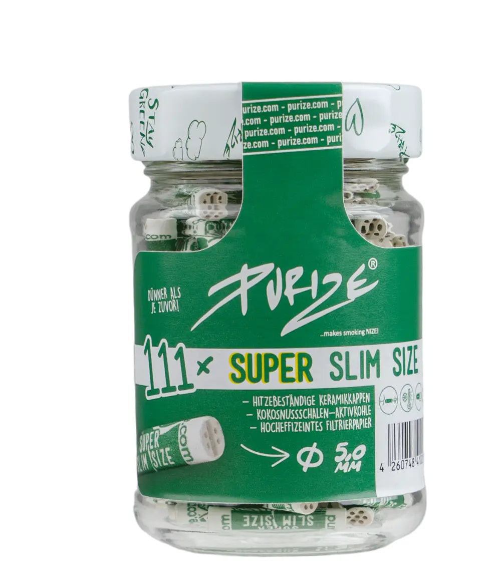 Super Slim Size Aktivkohlefilter im Grün-weissen Glas- Aktivkohlefilter von Purize bei Green Botanic