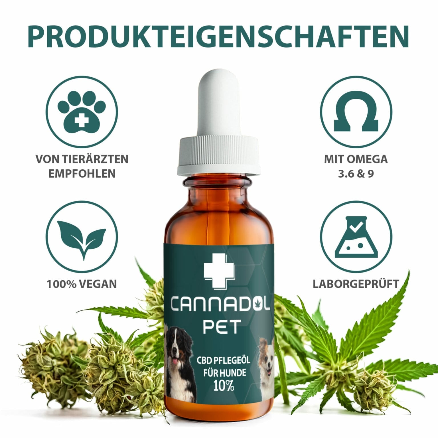 Produkte, Eigenschaften für Tier CBD speziell für Hunde. Labor geprüft., 100-prozentig vegan, von Tierärzten empfohlen und Omega Fettsäuren