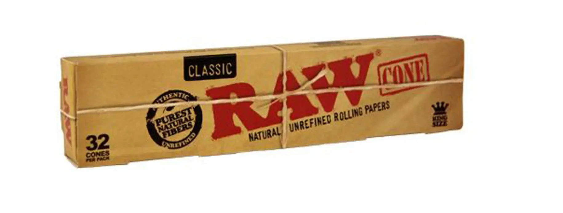 Eine RAW Cone Classic Box enthält 32 ungebleichte KS Cones pro Packung, hergestellt aus PURISTISCHEN NATURFASERN. Das Design beinhaltet rot-schwarzen Text, ein Siegel und eine Krone und bietet Jointhülsen aus Naturfasern.