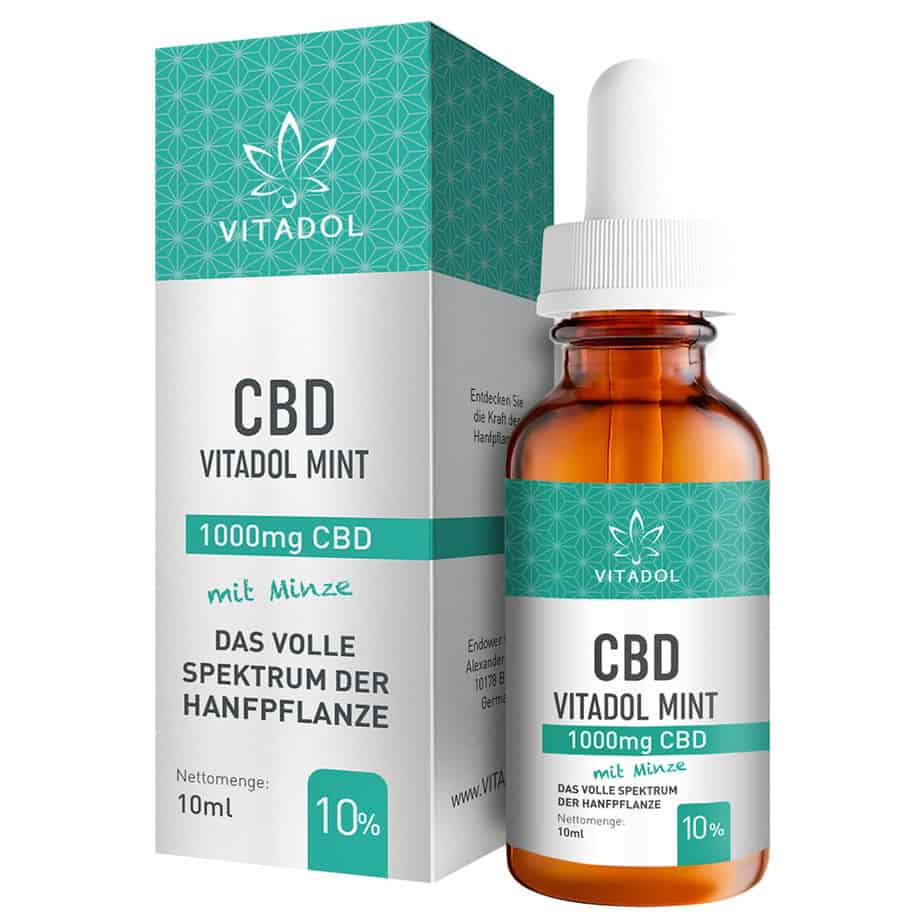 VItadol Verpackung. Öl mit Minzgeschmack. 10% CBD bei 10 Milliliter