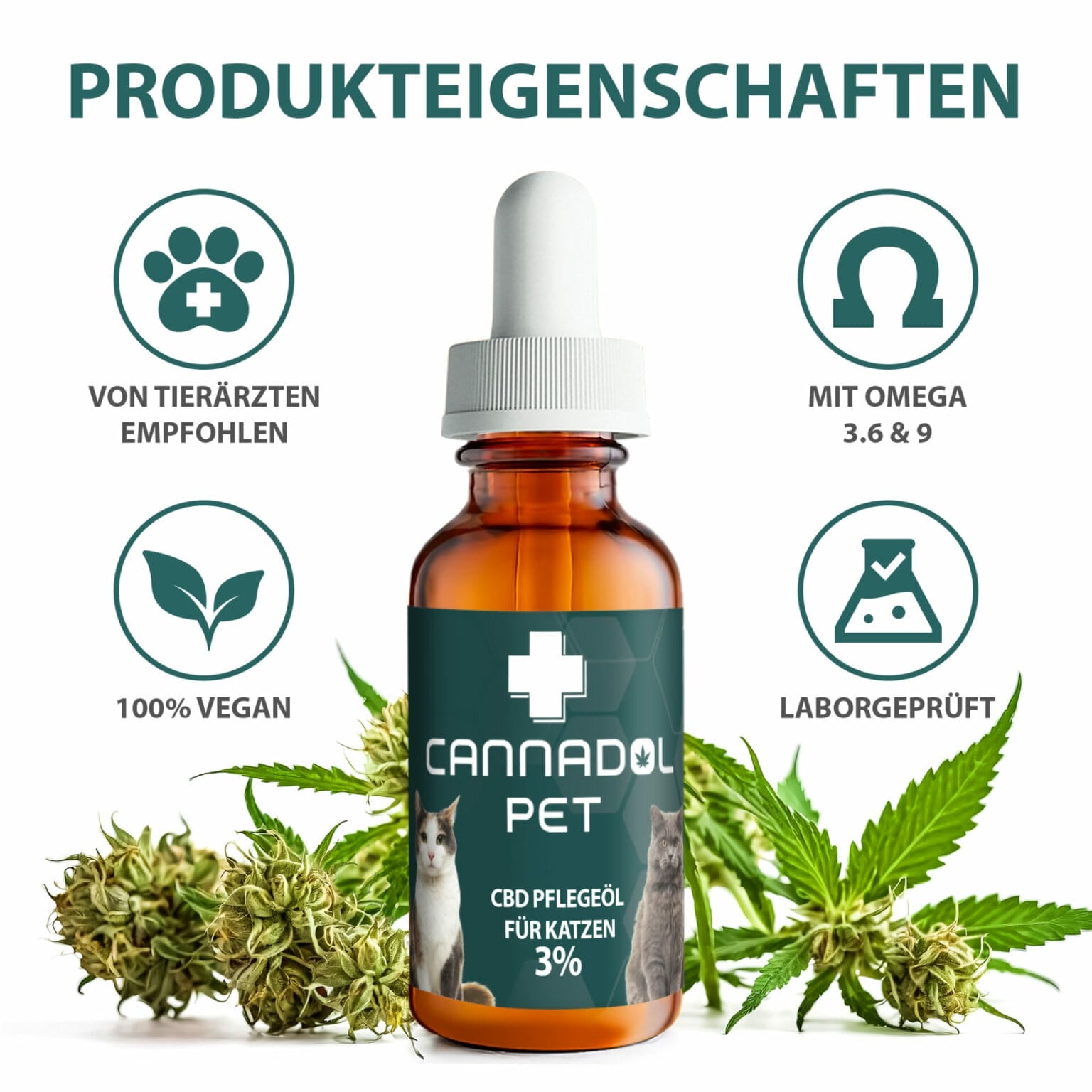 Produkteigenschaften von Cannabis Pflegeöl für Katzen. Empfohlen von Tierärzten., 100-prozentig vegan, Labor geprüft mit Omega Fettsäuren