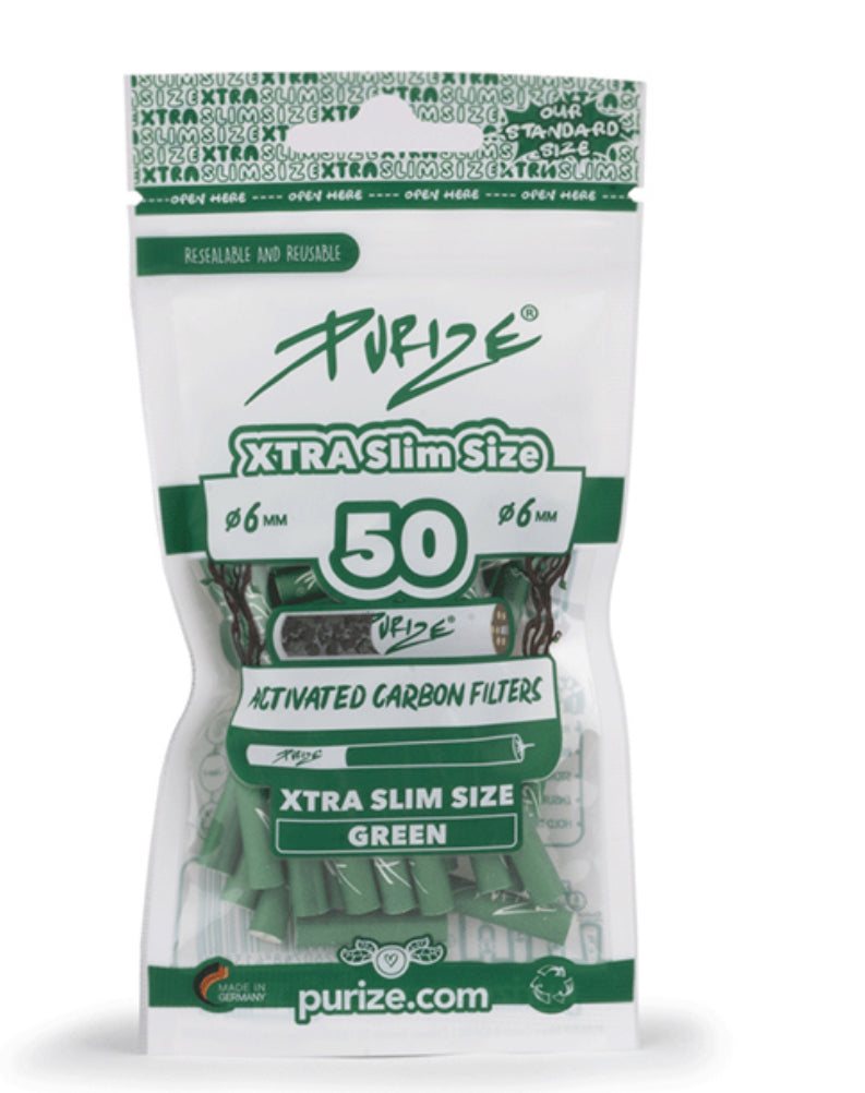 50 grüne Aktivkohlefilter von der Headshop Firma Purize- im extra Slim Size format und ökologisch abbaubar- Nachhaltigkeit mit Green Botanik